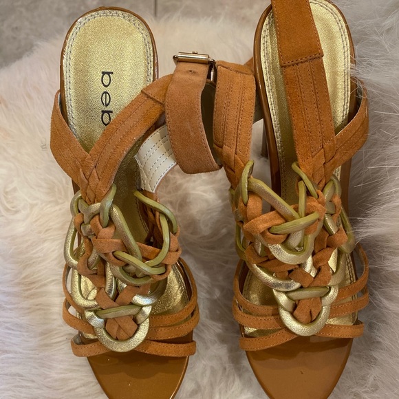 Bebe Brown & Gold Leather Open Toe Heels Sandals - Picture 3 of 5